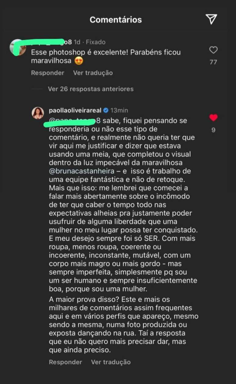 Resposta de Paolla Oliveira ao comentário de internauta 