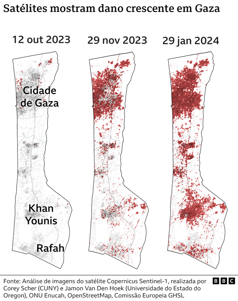 Arte produzida a partir de imagens de satélite mostra o avanço da destruição em Gaza após incursões israelenses 