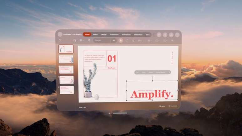 No Apple Vision Pro, usuários poderã ensaiar apresentações e fazer edições dinâmicas, como se estivessem diante de uma plateia (Imagem: Divulgação/Microsoft)