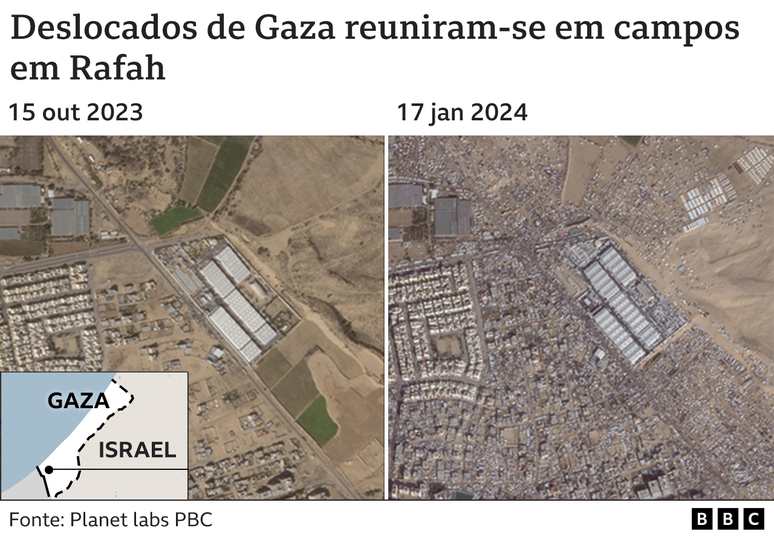 Imagens de satélite mostram campos em Rafah antes e depois de serem ocupados por milhares de tendas de refugiados de Gaza