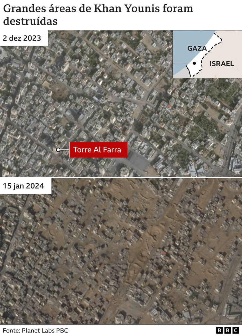 Imagens de satélite mostram antes e depois da devastação em Khan Younis