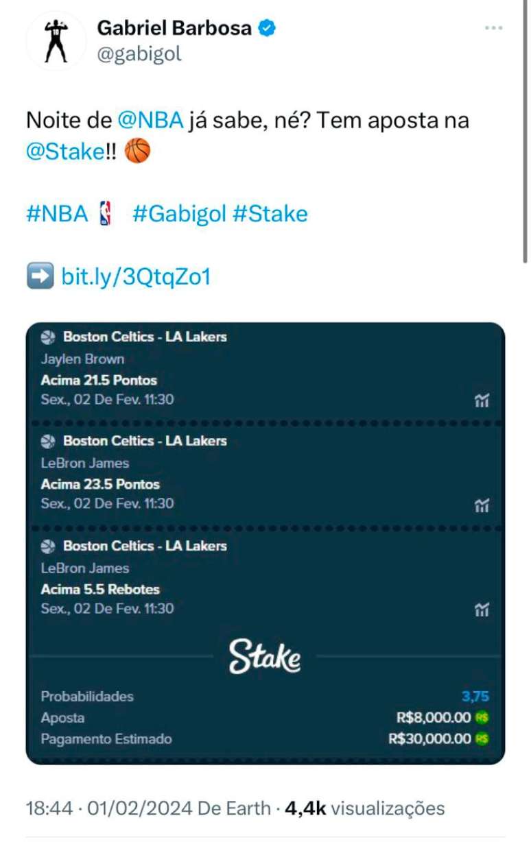 Gabigol comete gafe em rede social ao postar foto de bilhete de apostas em  jogo da NBA