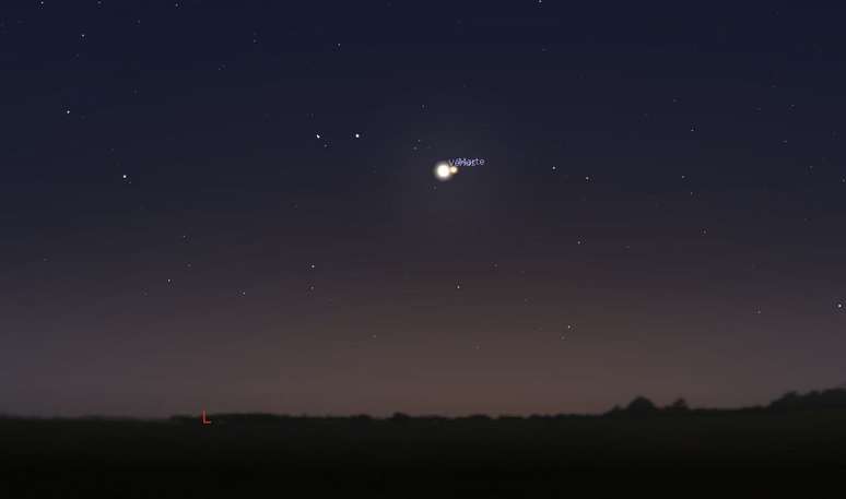Vênus e Marte "coladinhos" às 5h30 do dia 22 (Imagem: Captura de tela/Stellarium)