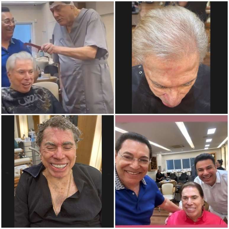 Acima, Milton Neves brinca de pentear Silvio, e o cabelo do apresentador ao chegar ao salão; abaixo, o riso no processo de tingimento e já renovado ao lado de Jassa Santos e Robson Jassa