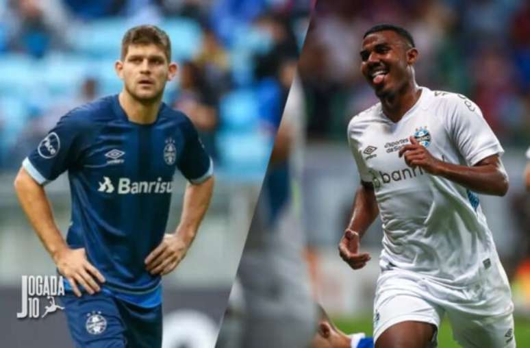 Kannemann e Cuiabano reforçam treino do Grêmio no campo de futebol.