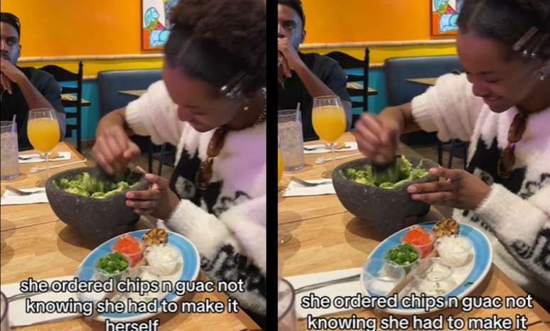 The customer orders guacamole in a restaurant and receives the ingredients to prepare it at the table