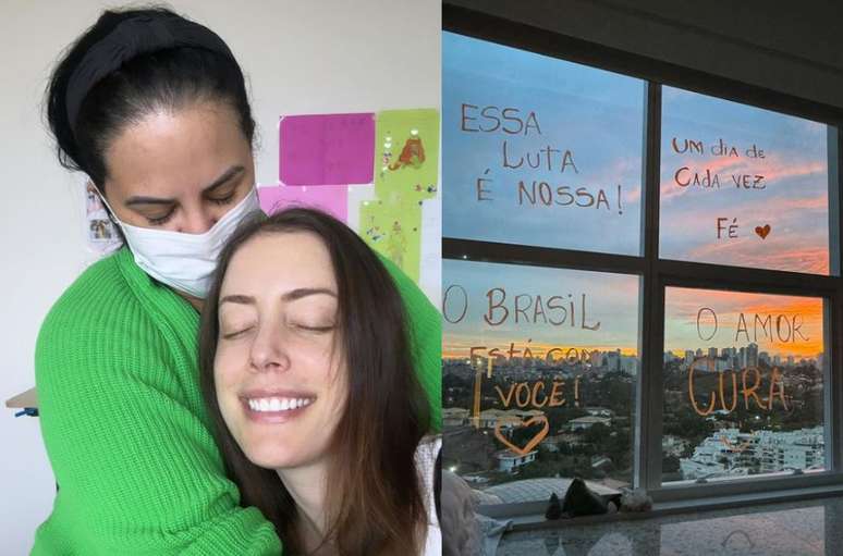Fabiana Justus receives a gift from the nurse at the hospital window