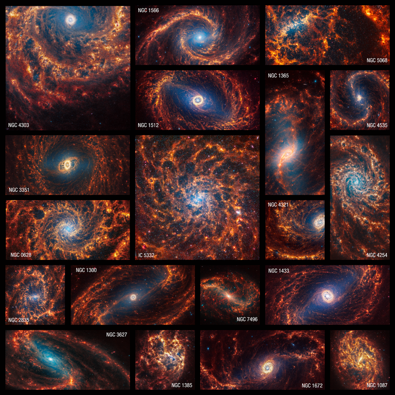 Mosaico com as 19 galáxias espirais observadas pelo Webb (Imagem: Reprodução/NASA, ESA, CSA, STScI, Janice Lee (STScI), Thomas Williams (Oxford), PHANGS Team)