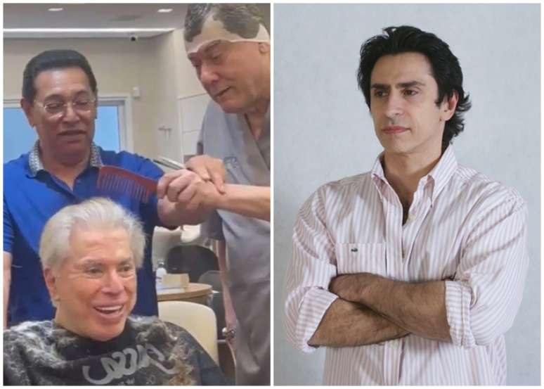 Momento de descontração de Silvio Santos com o cabeleireiro Jassa e o apresentador Milton Neves; e o psicólogo e escritor Alexandre Bez