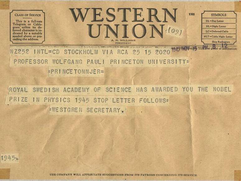 Telegrama informando Pauli que ele havia ganhado o Prêmio Nobel de Física em 1945