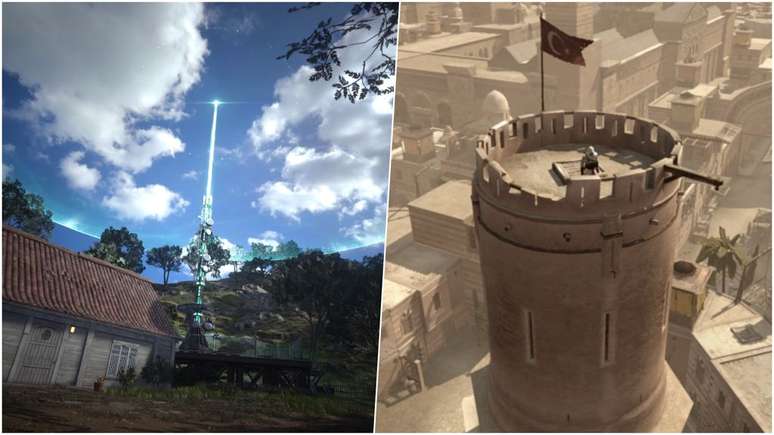 Vai ter que caçar torres em Final Fantasy 7 Rebirth também (Imagem: Reprodução/Square Enix, Ubisoft)