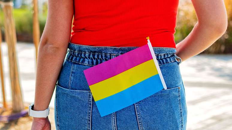 A bandeira pansexual é representada por três faixas nas cores rosa, azul e amarelo