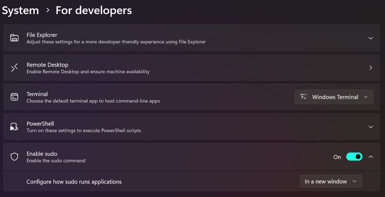 O sudo pode ser ativado e desativado na parte de configurações para desenvolvedores (Imagem: Divulgação/Microsoft)
