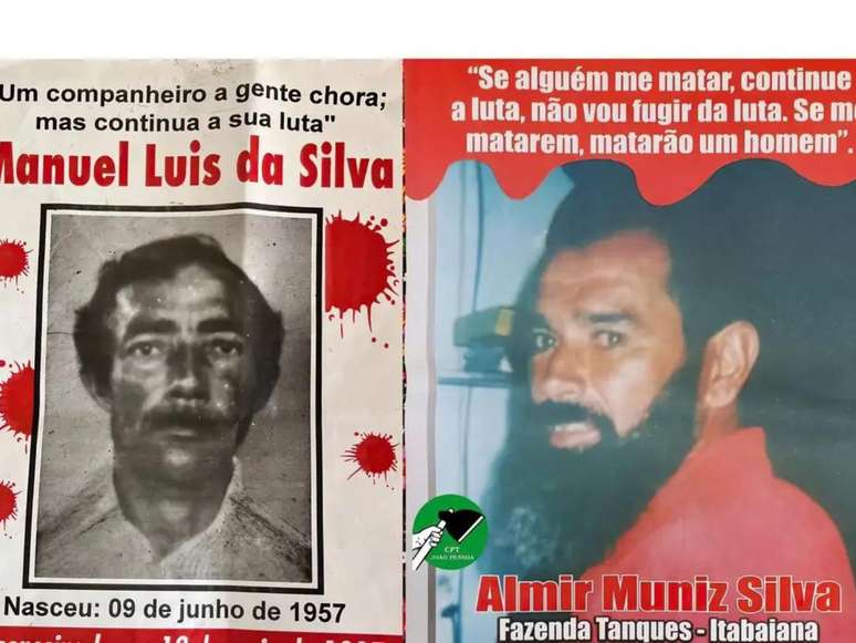 imagem mostra dois cartazes com os rostos dos dois homens mortos durante disputa de terras na Paraíba.