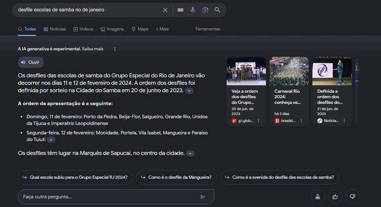Google traz um resumo de IA com informações do Carnaval (Imagem: Captura de tela/André Magalhães/Canaltech)