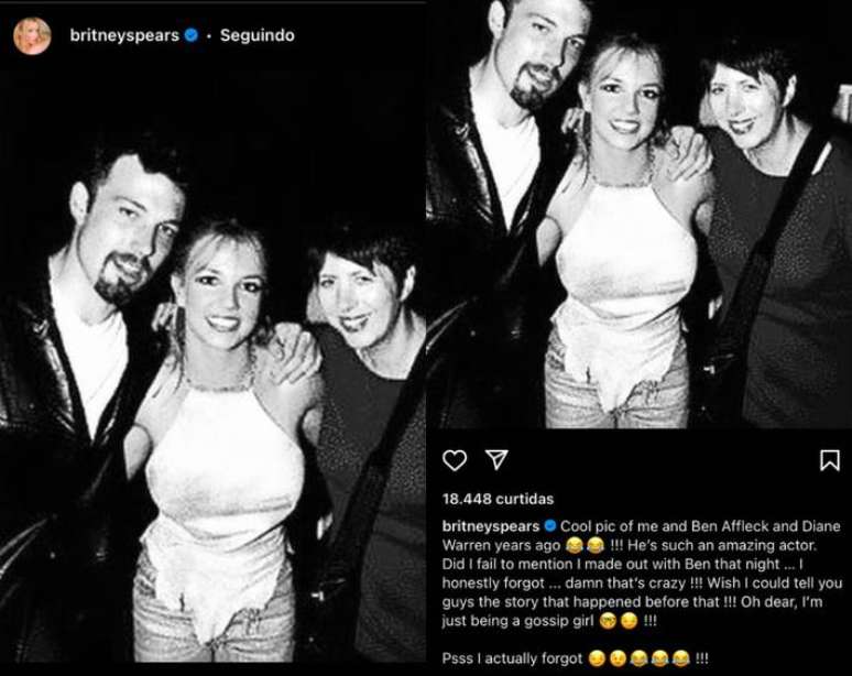 Data da captura da imagem 8/02/2024 - Ben Affleck, Britney Spears e Diane Warren em imagem de 1999 publicada no Instagram de Britney Spears em 2024.