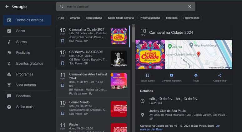 Pesquisa do Google tem um guia com shows e festas de Carnaval (Imagem: Captura de tela/André Magalhães/Canaltech)
