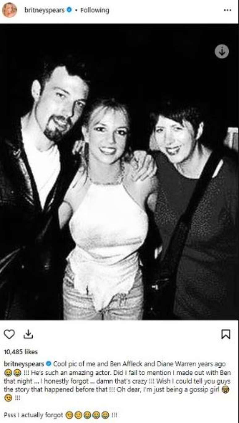 Britney Spears publica foto antiga com Ben Affleck e diz que já teve affair com ator