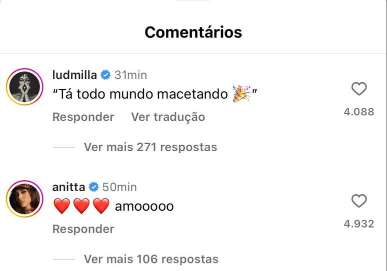 Ludmilla comenta no post em que Ivete canta com Anitta -