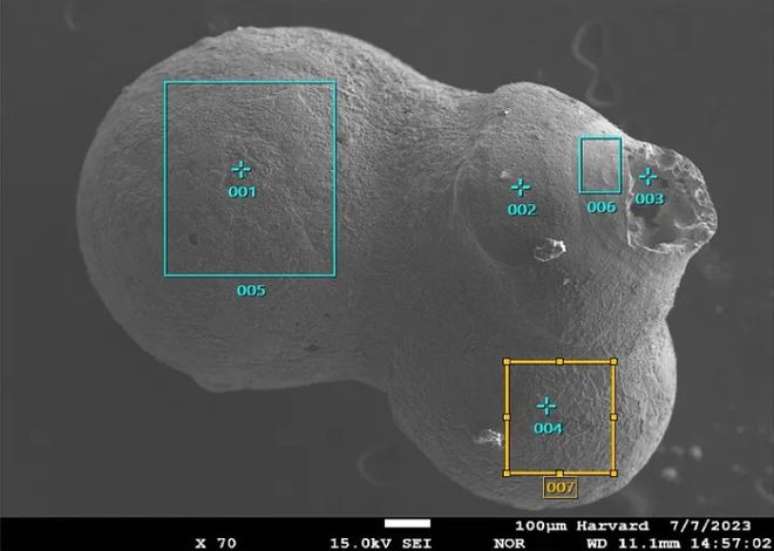 O detrido chamado S21 é formado por três gotículas derretidas durante a entrada do meteorito na atmosfera (Imagem: Reprodução/Abraham Loeb et al./Universidade de Harvard)