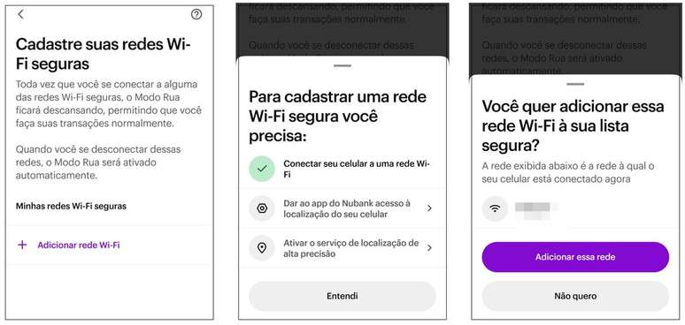 É possível informar redes Wi-Fi de confiança no Modo Rua do app do Nubank (Imagem: Captura de tela/André Magalhães/Canaltech)