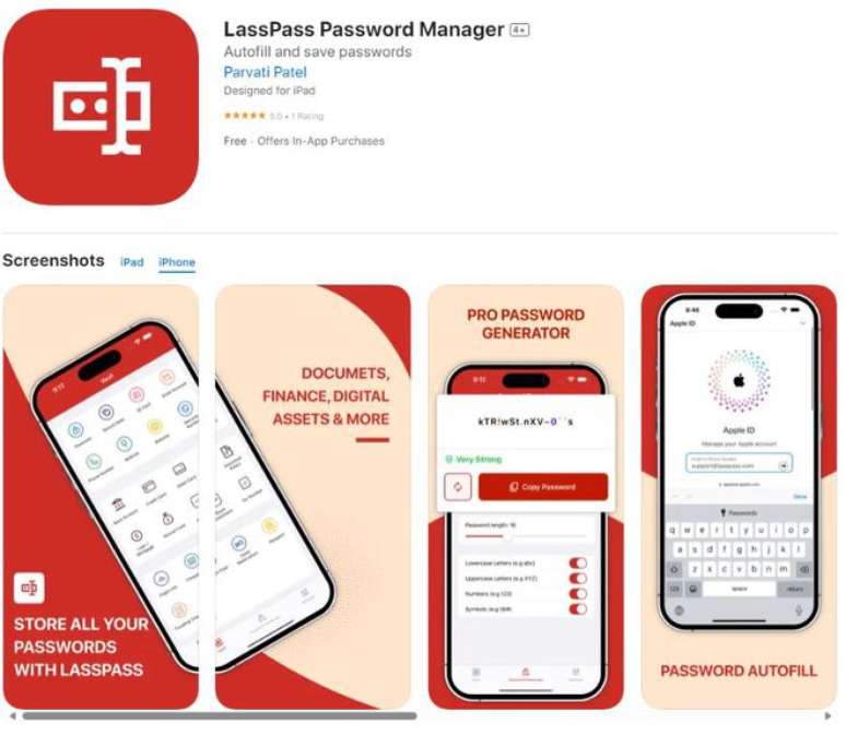 Versão falsa do LastPass foi lançada na Apple App Store e visava o roubo das senhas dos usuários de iPhone e iPad (Imagem: Reprodução/LogMeIn)