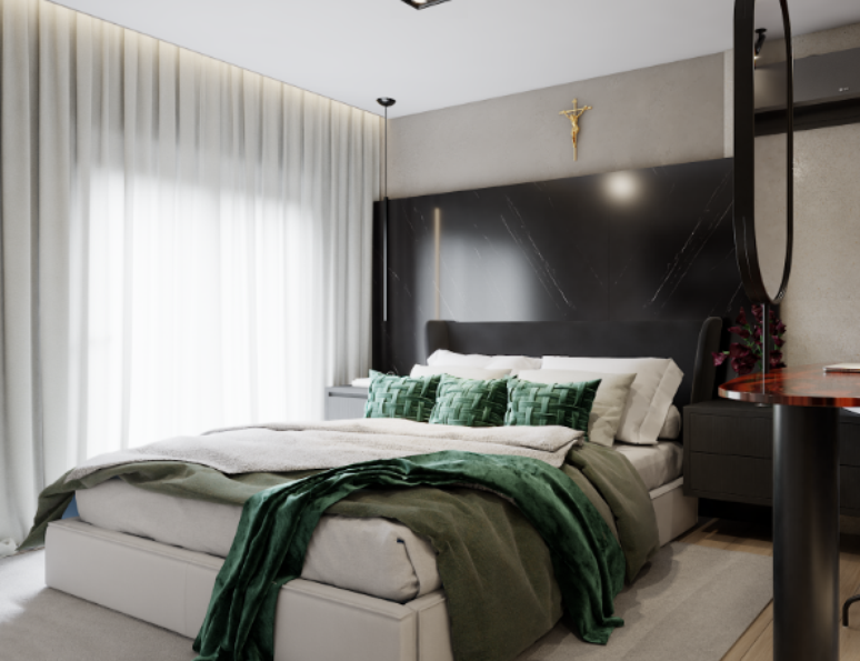 Medidas de camas: mantenha 70 cm de espaço ao redor da cama para livre movimentação e acesso fácil ao guarda-roupas e cômodas – Projeto: Rodrigo Baleeiro – Dbale Arquitetura