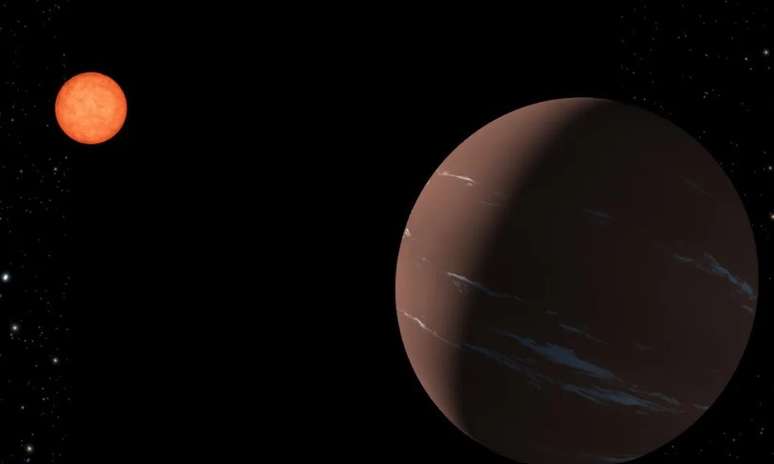  Ilustração mostra uma forma como o planeta TOI-715 b, uma super-leovegas na zona habitável em torno da sua estrela, pode aparecer a um observador próximo.