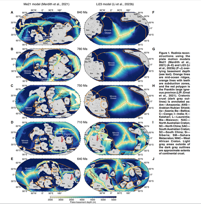 Simulação da posição dos continentes durante a Glaciação Sturtiana, que gerou queda nas emissões de CO2 (Imagem: Dutkiewicz et al./Geology)