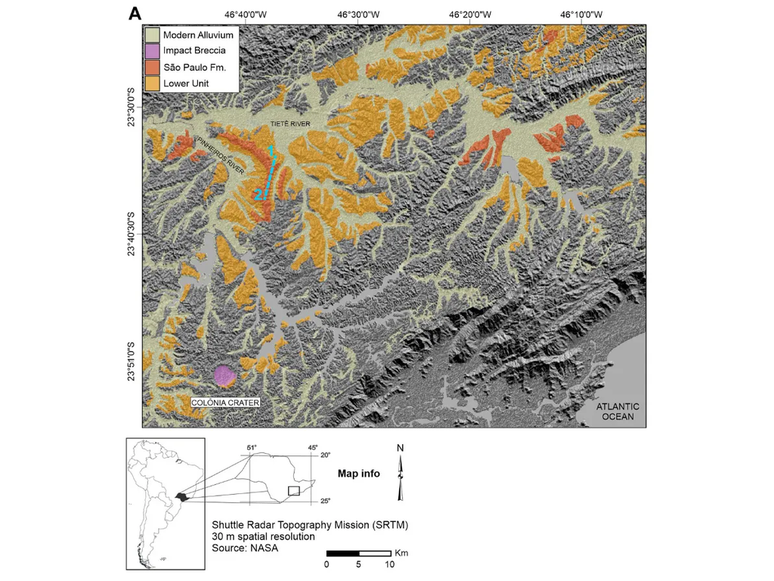 Bacia Sedimentar de São Paulo está indicada em amarelo, e a Cratera de Colônia, em roxo (Imagem: Reprodução/Sedimentary Geology/NASA/Jornal da USP)