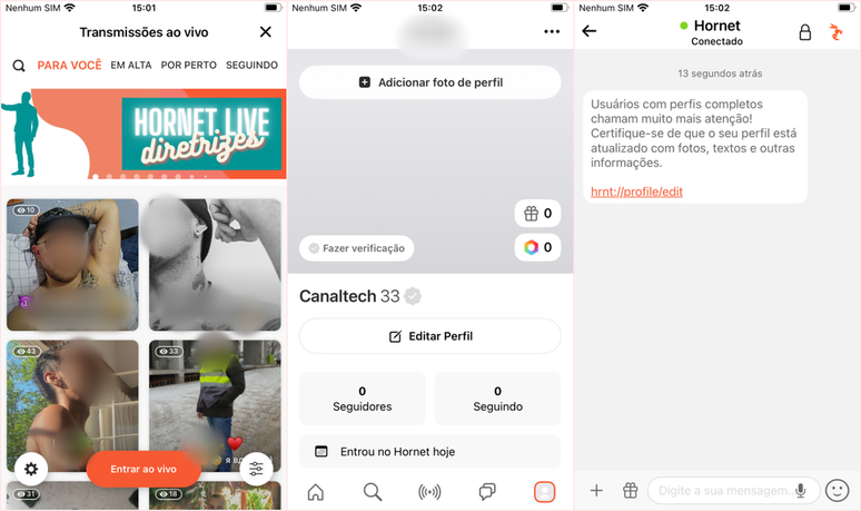 O Hornet é um app de relacionamentos LGBTI+ que permite procurar pessoas por interesses em comum (Imagem: Captura de tela/Fabrício Calixto/Canaltech)