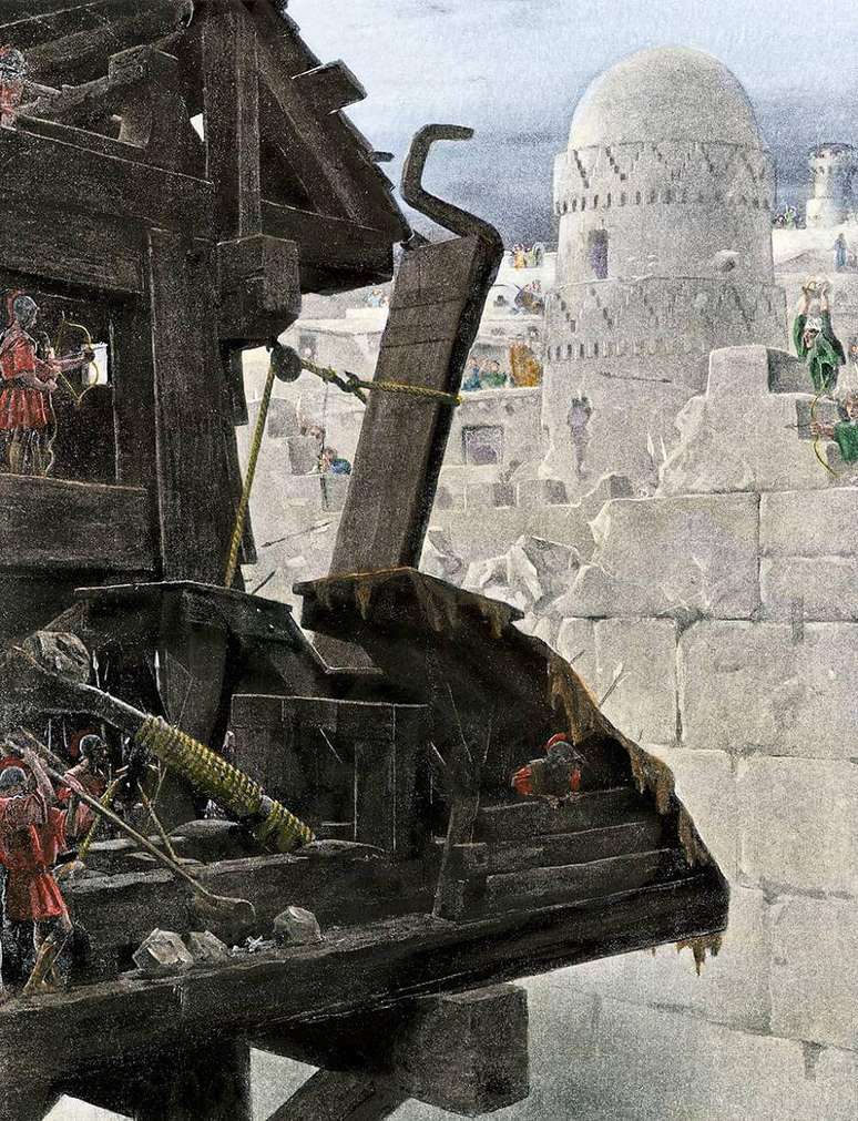 Ataque de Alexandre, o Grande, &agrave; cidade de Gaza, em gravura de 1899, colorida.