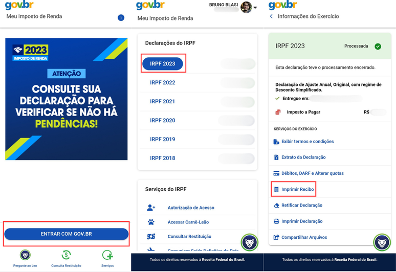 Como acessar o recibo da declaração do Imposto de Renda pelo celular (Imagem: Captura de tela/Bruno De Blasi/Canaltech)