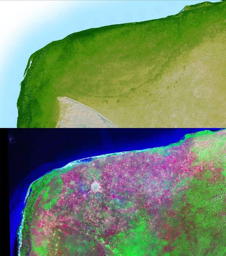 A cratera de Chicxulub, na península de Yucatán, mostrada em imagens infravermelhas (Imagem: Shuttle Radar Topography Mission/Domínio Público)