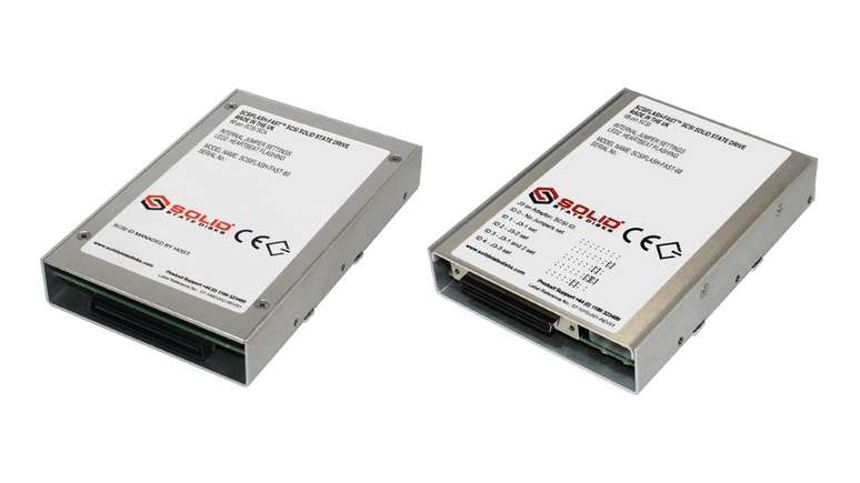 Solid State Disk Ltda offers packages with 80-pin (left) and 68-pin drives, in SASI, SCSI-1, SCSI-2 and Ultra3 configurations.  (Image: SSDL/Information)