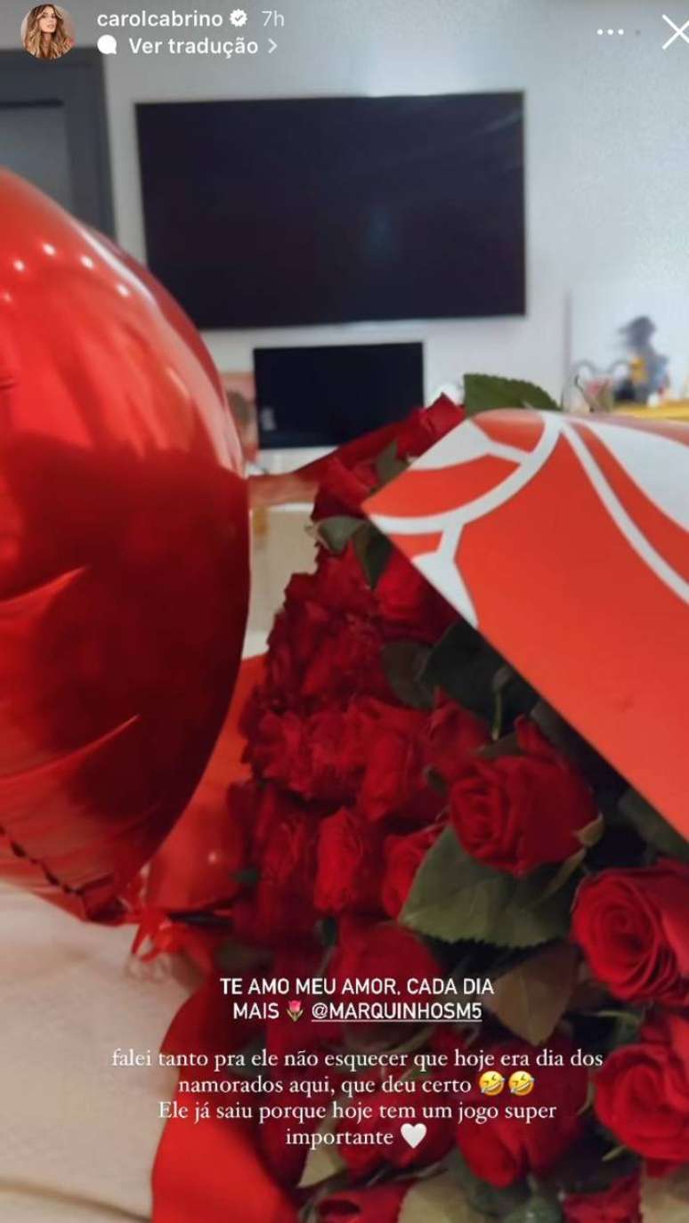 Carol Cabrino mostra surpresa que recebeu de Marquinhos no Dia de São Valentim