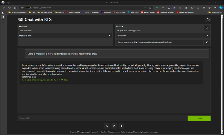 Ao definir a pasta local que servirá de base para o Chat With RTX, basta inserir as perguntas, inclusive em português, e a plataforma gera respostas baseadas apenas nos documentos disponíveis. (Imagem: Daniel Trefilio / Canaltech)
