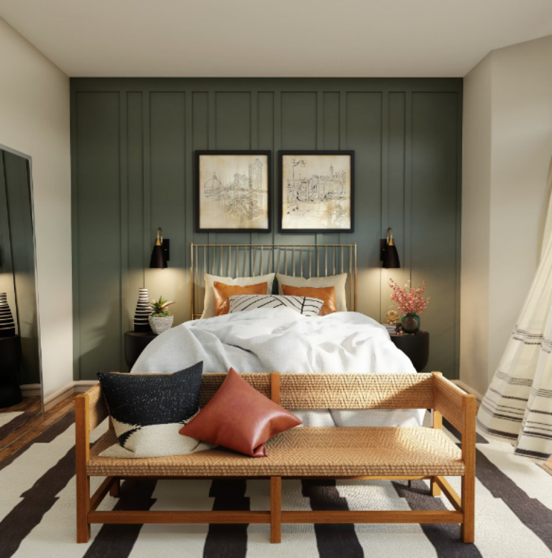 30. Cores para quartos: parede verde oliva + cama e recamier de madeira – Foto: Unsplash