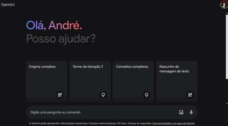 Gemini's home screen contains suggestions for starting conversations (Image: Screenshot/André Magalhães/Canaltech) Gemini's home screen contains suggestions for starting conversations (Image: Screenshot/André Magalhães/Canaltech)