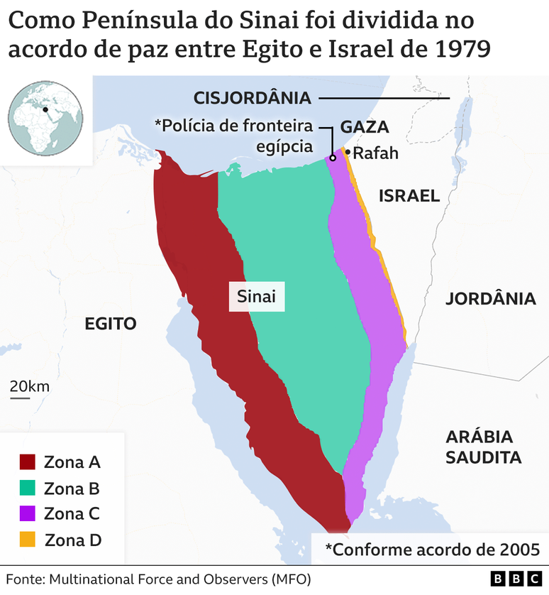 Mapa mostra divisão da Península do Sinai em 4 zonas a partir de 1979