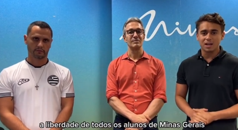 Zema, no meio, está acompanhado de Cleitinho e Nikolas Ferreira em vídeo que defende a não obrigatoriedade da vacina para crianças serem matriculadas