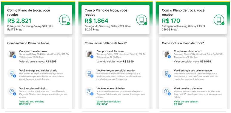 Preço de alguns celulares usados da Samsung no plano de troca do Mercado Livre (Captura: Jucyber/Canaltech)