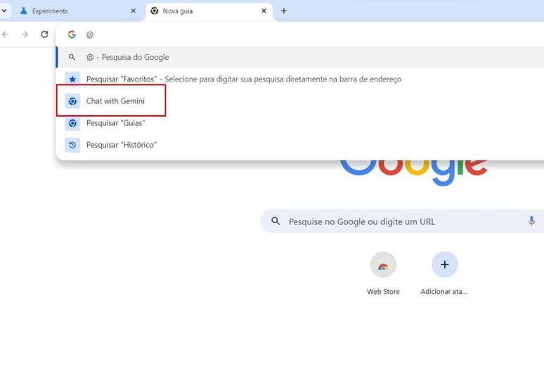 Opção "Chat with Gemini" já está em testes no navegador (Imagem: Captura de tela/André Magalhães/Canaltech)