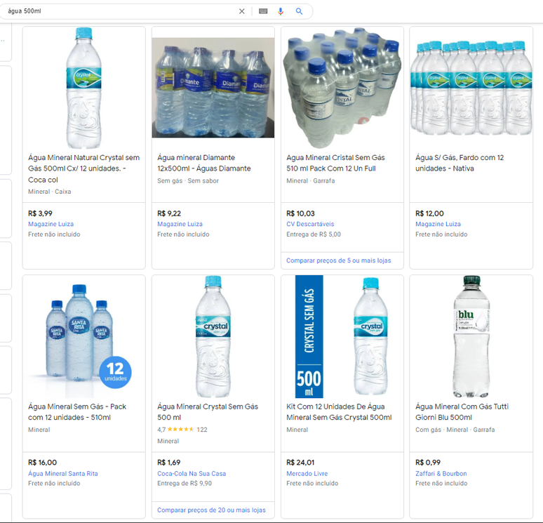 Pesquisa feita pelo Terra mostra preço de garrafas d'água à venda na internet por valor de mercado.