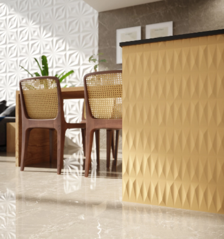 8. Cerâmica para cozinha: o azulejo Rubik Amarelo, especificado neste balcão, é um revestimento acetinado ideal para churrasqueiras, paredes internas e painéis decorados – Foto: Ceusa