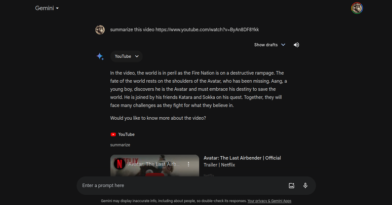 Você pode pedir para o Gemini resumir vídeos do YouTube (Imagem: Captura de tela/Douglas Ciriaco/Canaltech)