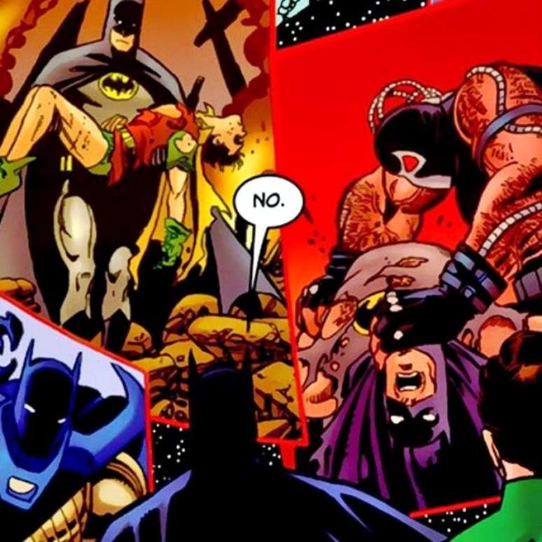 Em JLA/Avengers #3, publicado em 2003, depois que o vilão Krona tentou fundir seus universos, os personagens tiveram suas histórias sendo projetadas à frente de seus próprios olhos (Imagem: Reprodução/DC Comics)