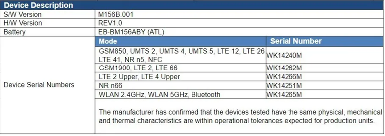Registro do FCC destaca bateria e conectividade sem fio do Galaxy M15 5G (Imagem: Reprodução/MySmartPrice)