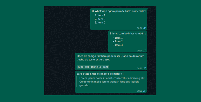 WhatsApp ganhou quatro novas opções de formatação de texto (Imagem: Captura de tela/Douglas Ciriaco/Canaltech)