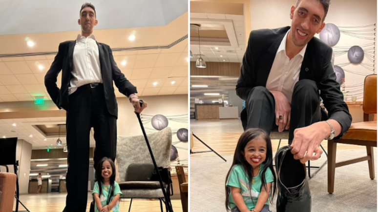 Sultan Kösen, de 2,51 m, e Jyoti Amge, de 62,8 cm, posaram para uma foto para registrar a diferença de tamanho.